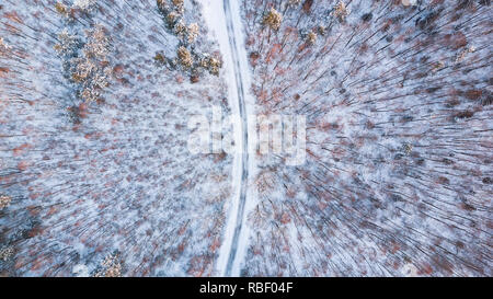 Rural road in snowy forest, aerial top down view.