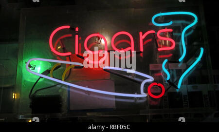 Cigars, pipes and Tobacco Products shop, Neon sign, smoke and smoking, Manhattan, New York City, NYC, USA Stock Photo