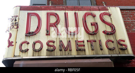 Block Drugstores pharmacy frontage, in red, neon, 101 2nd Ave, New York, NY 10003, USA - Est 1885, by Russian Alexander Block