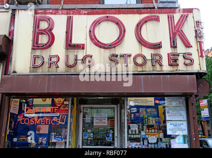 Block Drugstores pharmacy frontage, in red, neon, 101 2nd Ave, New York, NY 10003, USA - Est 1885, by Russian Alexander Block Stock Photo