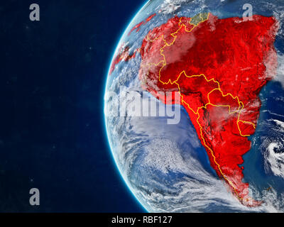 Latin America from space on model of planet Earth with country borders and very detailed planet surface and clouds. 3D illustration. Elements of this  Stock Photo