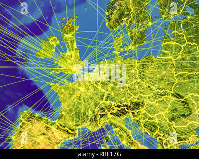 Western Europe from space on Earth with country borders and lines representing international communication, travel, connections. 3D illustration. Elem Stock Photo