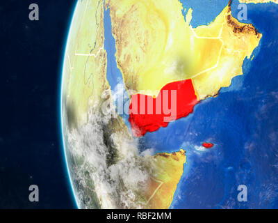 Yemen from space on model of planet Earth with country borders and very detailed planet surface and clouds. 3D illustration. Elements of this image fu Stock Photo