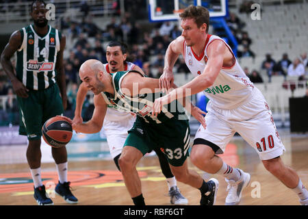 Athens, Greece. 9th Jan, 2019. Leon Radosevic (1st R) FC Bayern Munich vies with Nick Calathes (2nd R) of Panathinaikos OPAP Athens during the Euroleague regular season basketball match between Greece's Panathinaikos OPAP Athens and Germany's FC Bayern Munich in Athens, Greece, on Jan. 9, 2019. Credit: Marios Lolos/Xinhua/Alamy Live News Stock Photo