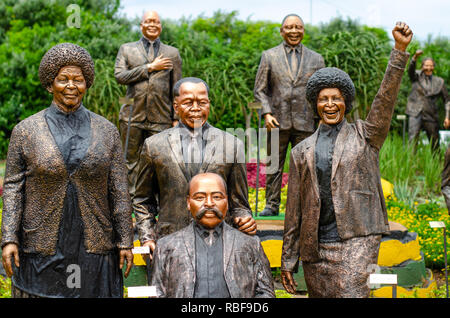 Durban, South Africa, 9th January 2019. Staues of African National Congress (ANC) stalwarts and former party presidents on display along the Ruth First Highway outside Durban ahead of the African National Congress (ANC) 2019 Election Manifesto Launch set to take place at Moses Mabhida Stadium in Durban on Saturday, 12th January, 2019. Pictured are (in front) John Langalilabele Dube, (behind him, l-r) Albertina Sisulu, Alfred Xuma and Winnie Mandela, (back, l-r) Jacob Zuma, Cyril Ramaphosa and Nelson Mandela. Jonathan Oberholster/Alamy Live News Stock Photo