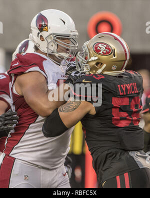 October 6, 2016 - Santa Clara, California, U.S - Arizona Cardinals tackle Jared  Veldheer (68) and San Francisco 49ers outside linebacker Aaron Lynch get  into it after play on Thursday, October 06,