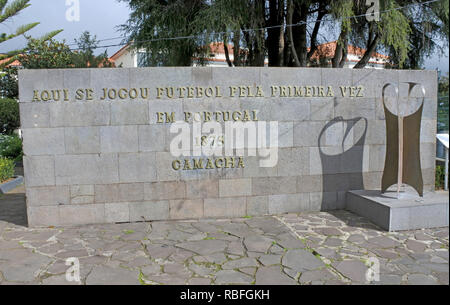 20 November 2018, Portugal, Funchal/Camacha: A plaque commemorates the first football match in Portugal in 1875, which took place in Camacha on the Portuguese island of Madeira. Photo: Holger Hollemann/dpa Stock Photo