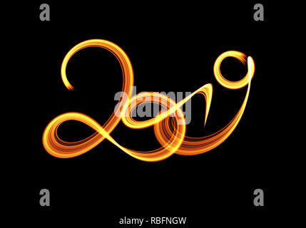 Happy new year 2019 isolated numbers lettering written with fire flame or smoke on black background Stock Photo