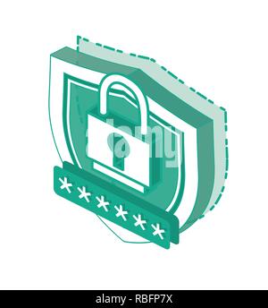 Isometric 3d Cyber Security Concept. Outline Shield Icon and Safe Password Isolated on White Background. Vector Illustration. Stock Vector