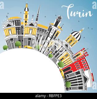 Turin Italy City Skyline with Color Buildings, Blue Sky and Copy Space. Vector Illustration. Stock Vector