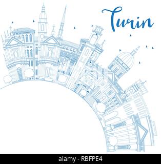 Outline Turin Italy City Skyline with Blue Buildings and Copy Space. Vector Illustration. Stock Vector