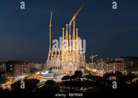 Night view of the Sagrada Familia, a large Roman Catholic church in Barcelona, Spain, designed by Catalan architect Antoni Gaudi. Stock Photo