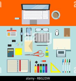 Flat design modern vector illustration concept of creative office workspace, workplace. Top view of desk background with laptop, digital devices, offi Stock Vector