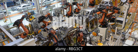 welding of car body. Automotive production line. long format. Wide frame Stock Photo
