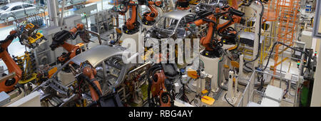 welding of car body. Automotive production line. long format. Wide frame Stock Photo