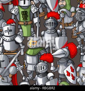 Medieval armored knights formation hand drawn seamless pattern, warriors weapons Stock Vector