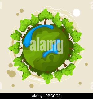 Ecology concept with green planet and trees Stock Vector