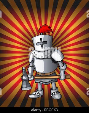 Cartoon postcard knight. Royal steel crusader armor on glittering red lights Stock Vector