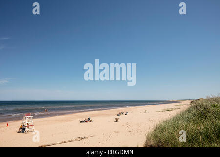 GREENWICH, PRINCE EDWARD ISLAND, CANADA - July 9, 2018: Tourists visit the Greenwich beach in the Prince Edward Island National Park (Greenwich). Stock Photo