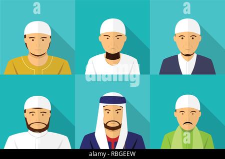 Set of Muslim man portrait in flat style, vector art Stock Vector