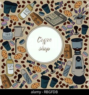 Cartoon vector hand drawn Doodle Coffee shop illustration. Colorful design background with objects and symbols. Stock Vector