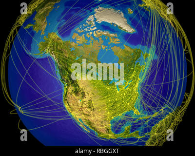 North America from space on Earth with lines representing international communication, travel, connections. 3D illustration. Elements of this image fu Stock Photo