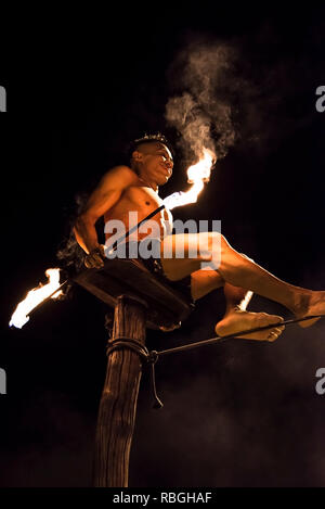 Fire show on Phi Phi don island, Thailand. Night 17 December 2018 Stock Photo