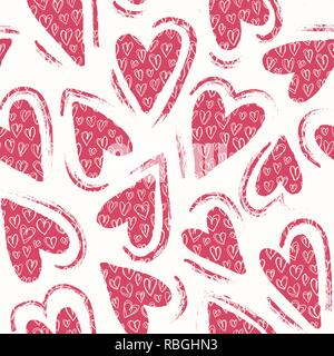 Hand Drawn Large Red Hearts in Hearts Valentine's Day vector Seamless Pattern. Whimsical Modern Holiday Background. Doodle Silhouettes. Brush Strokes Stock Vector