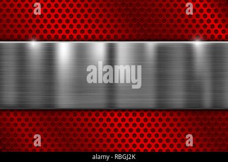 Red perforated metal texture with brushed steel plate Stock Vector