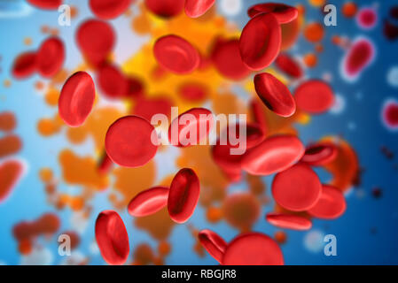 3d illustration of red blood cells erythrocytes close-up under a microscope. Background for scientific medical concept. Stock Photo
