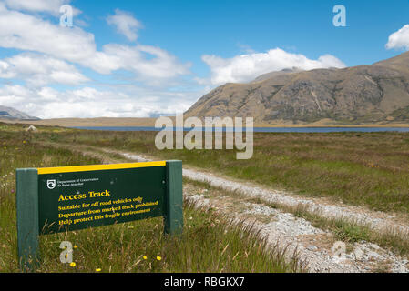 Sign warning that access track by Lake Emma is suitable for off road vehicles only. South Island, New Zealand. Stock Photo