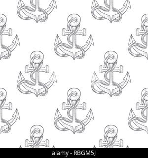 Anchors with rope. Sketch as seamless pattern Stock Vector
