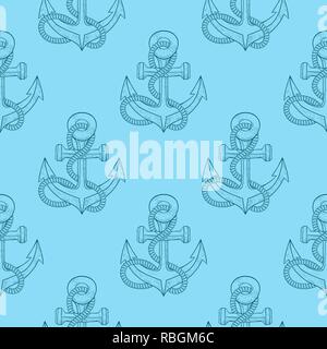 Anchors with rope. Blue sketch as seamless pattern Stock Vector