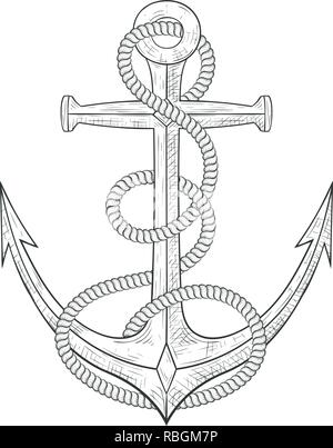 Anchor with rope around. Hand drawn sketch Stock Vector