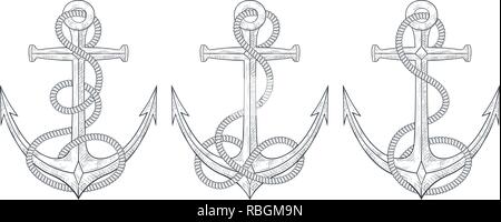 Anchors with rope around. Set of hand drawn sketches Stock Vector