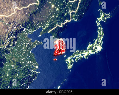 South Korea from space on model of planet Earth at night with networks ...