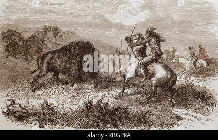 United States. Native Americans. Bison hunting. Engraving, 19th century. Stock Photo