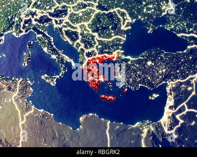 Greece from space on Earth at night. Very fine detail of the plastic planet surface with bright city lights. 3D illustration. Elements of this image f Stock Photo