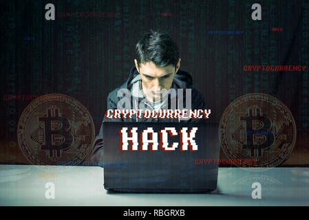 A hacker with a face is trying to steal cryptocurrency using a computer. Fraud and scam at Cryptojacking Stock Photo