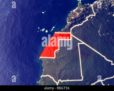 Western Sahara from space on model of planet Earth with networks ...
