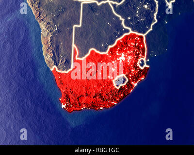 South Africa from space on Earth at night. Very fine detail of the plastic planet surface with bright city lights. 3D illustration. Elements of this i Stock Photo