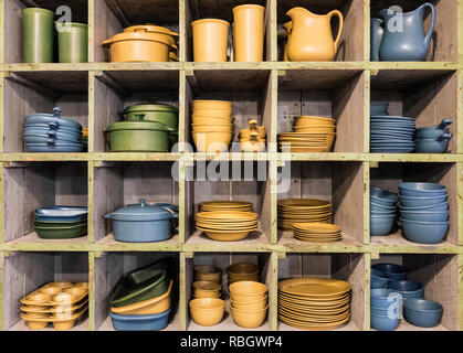 Flatware pottery for sale in a studio shop, Bennington Potters, Bennington, Vermont, USA. Stock Photo