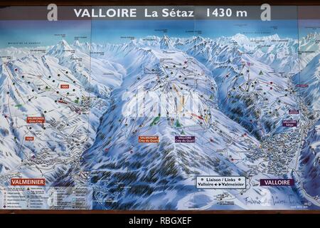 VALLOIRE, FRANCE - MARCH 27, 2015: Ski map in Galibier-Thabor station in France. The station is located in Valmeinier and Valloire and has 150km of sk Stock Photo