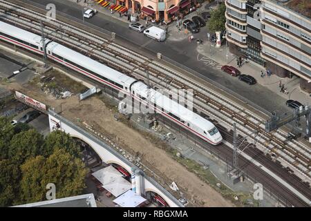 BERLIN, GERMANY - AUGUST 26, 2014: Aerial view of Deutsche Bahn ICE train in Berlin. Intercity-Express (ICE) is the fastest train of German Railways,  Stock Photo