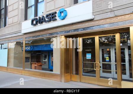 CHICAGO, USA - JUNE 27, 2013: Chase Bank in Chicago. JPMorgan Chase Bank is one of Big Four Banks of the US. It has 5,100 branches and 16,100 ATMs. Stock Photo