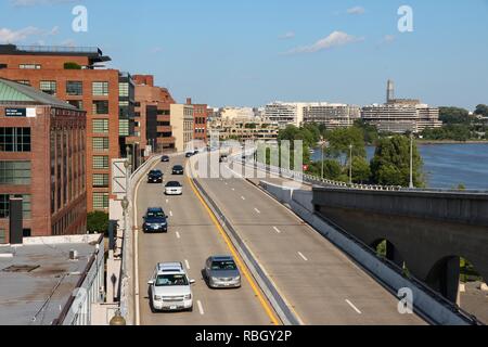 WASHINGTON, USA - JUNE 14, 2013: People drive Whitehurst Freeway in Washington DC. 646 thousand people live in Washington DC (2013) making it the 23rd Stock Photo