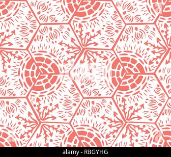 Underwater world. Hexagonal tiles. Seamless pattern. White and coral colors Stock Vector