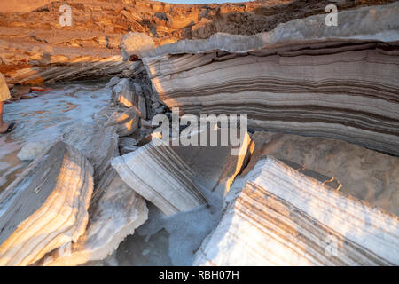 Israel, Sodom, near the southern part of the Dead Sea, Sandstone ravine the marl stone strata is visible Stock Photo