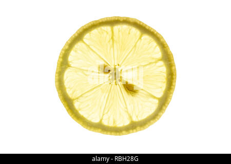 Lemon slice close-up backlit on white background Stock Photo
