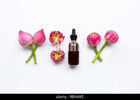 Lotus essential oil with lotus flowers on white background. Stock Photo